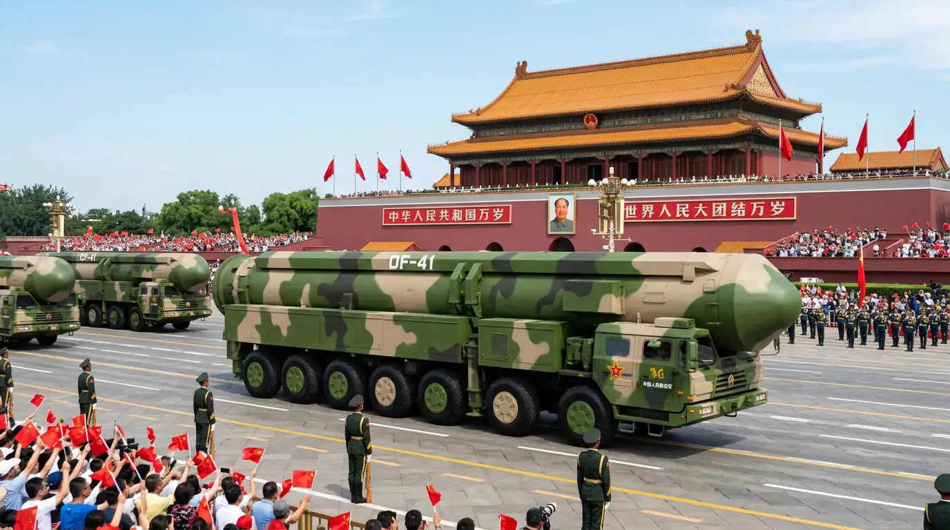 Lanceur mobile de missile balistique chinois sur un transporteur militaire lors d'un défilé.