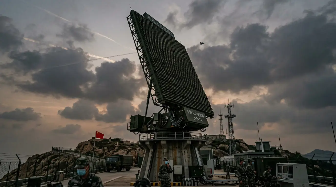 Antenne d'un grand radar de surveillance aérienne chinois orientée vers le ciel