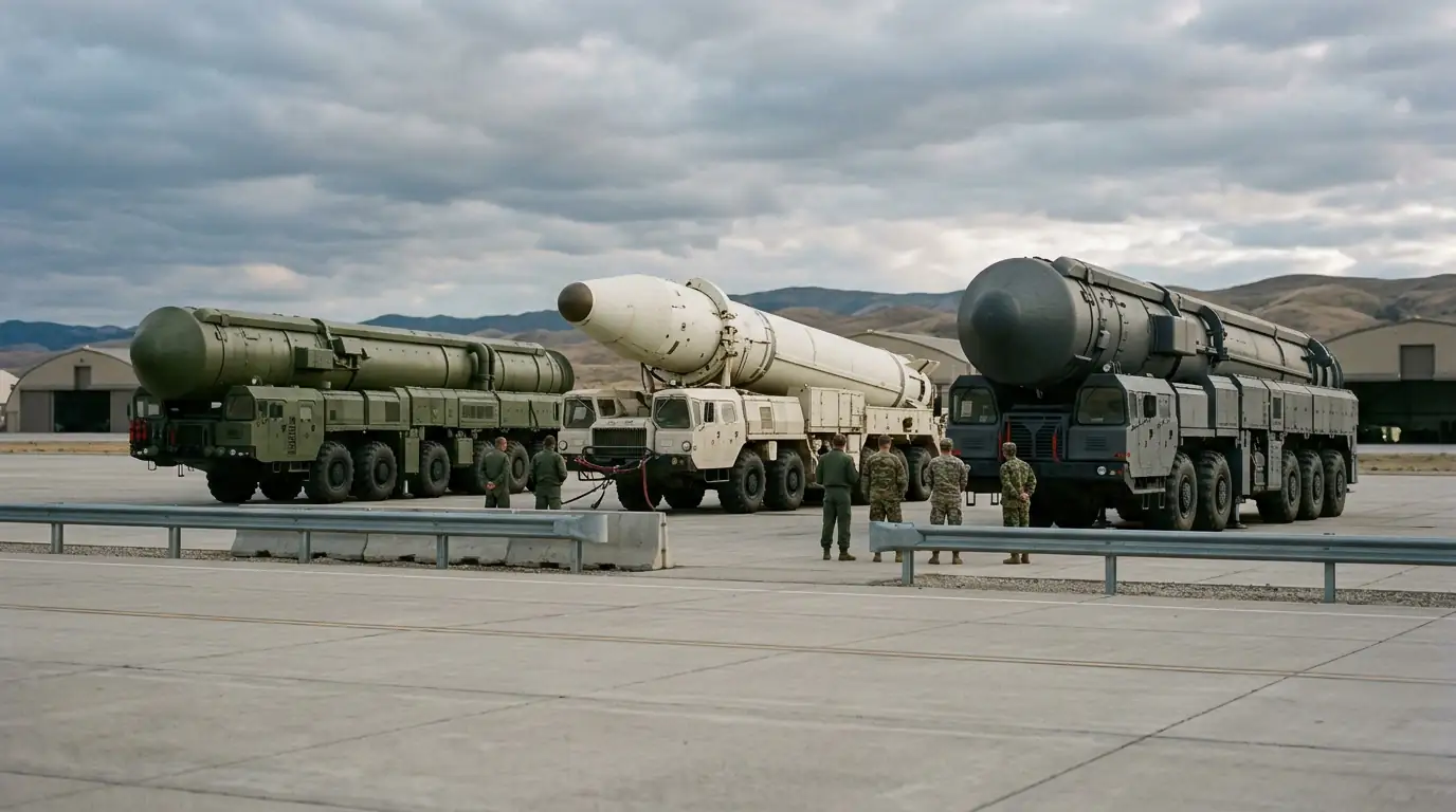 Missiles balistiques intercontinentaux des États-Unis, de la Russie et de la Chine alignés, symbolisant la course nucléaire à trois après New START