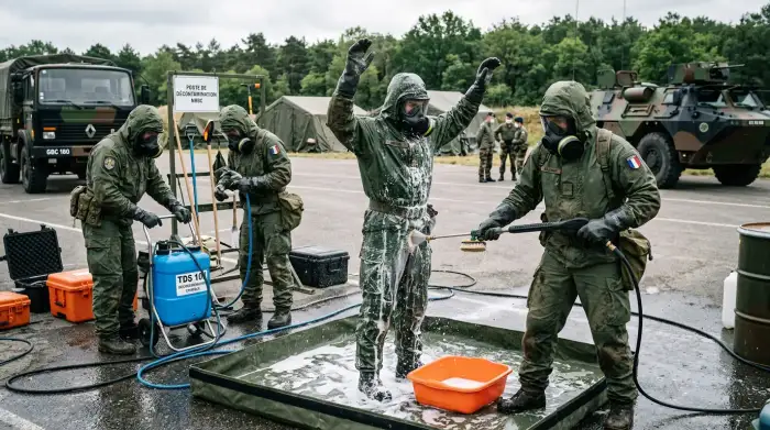 Soldats en tenue de protection NRBC lors d'un exercice de décontamination chimique.