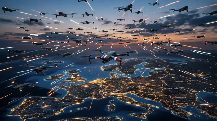 Vue stylisée d'un essaim de drones militaires survolant une carte de l'Europe au crépuscule, traînées lumineuses, un appareil aux couleurs françaises cherchant sa place dans la formation.
