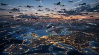 Vue stylisée d'un essaim de drones militaires survolant une carte de l'Europe au crépuscule, traînées lumineuses, un appareil aux couleurs françaises cherchant sa place dans la formation.