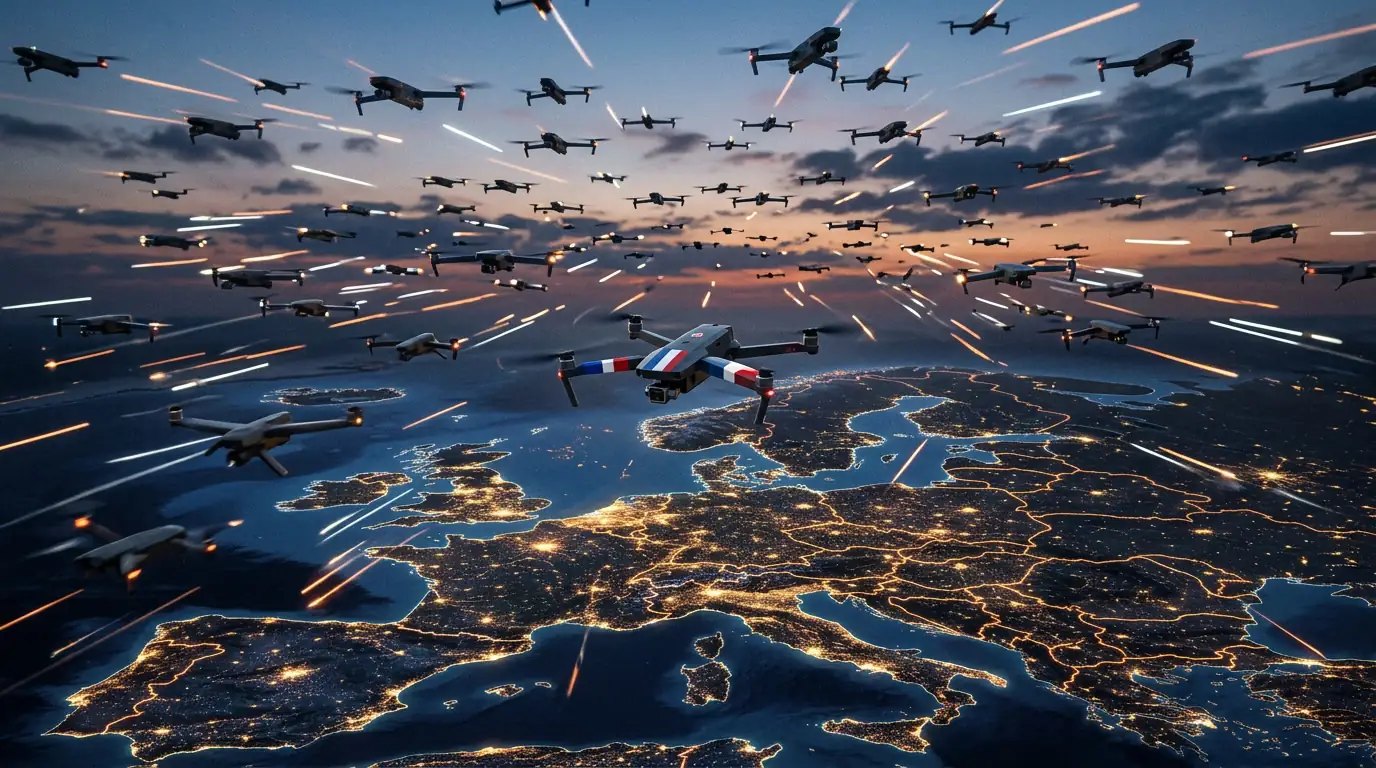 Vue stylisée d'un essaim de drones militaires survolant une carte de l'Europe au crépuscule, traînées lumineuses, un appareil aux couleurs françaises cherchant sa place dans la formation.