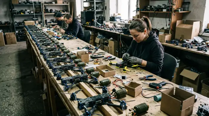 Drones FPV alignés en atelier de production ukrainien, chaîne d'assemblage de munitions jetables à bas coût