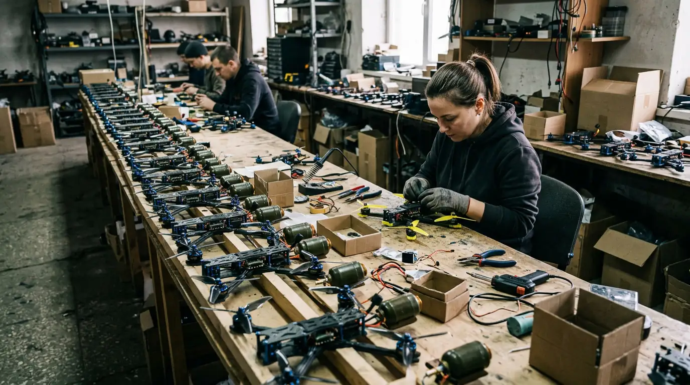 Drones FPV alignés en atelier de production ukrainien, chaîne d'assemblage de munitions jetables à bas coût