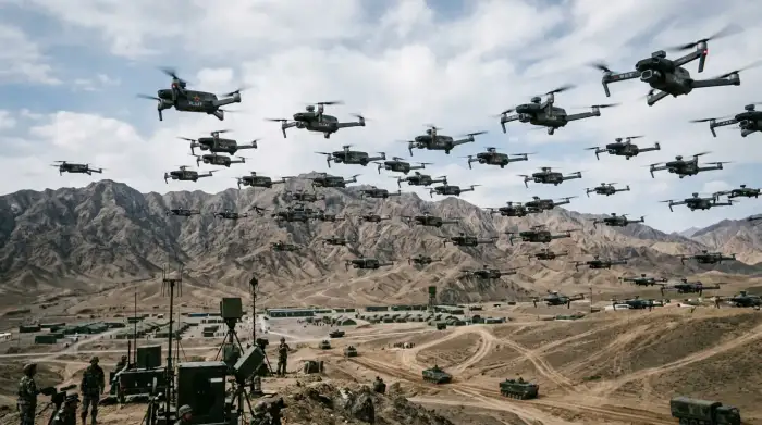 Essaim de drones militaires en vol, illustrant la recherche chinoise en systèmes autonomes.