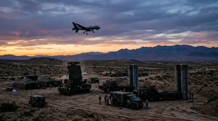 Drone militaire survolant un système de défense antiaérienne au crépuscule.