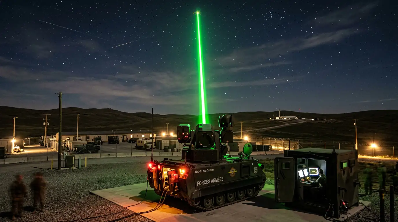 Système laser de défense antiaérienne tirant un faisceau dans le ciel nocturne.