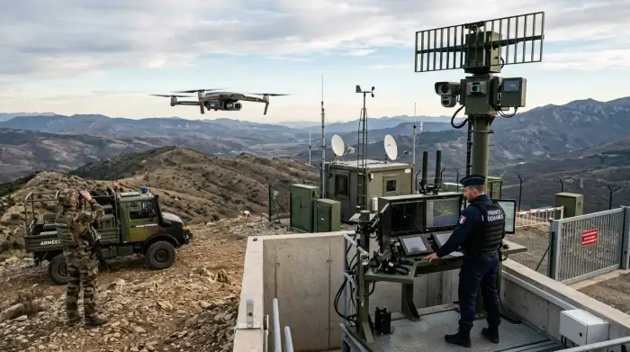 Poste de surveillance frontalier équipé de radars et de drones illustrant la défense territoriale moderne.