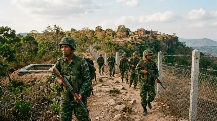 Soldats déployés le long de la frontière contestée entre la Thaïlande et le Cambodge près du temple de Preah Vihear.