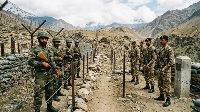 Soldats indiens et pakistanais face à face le long de la ligne de contrôle au Cachemire.