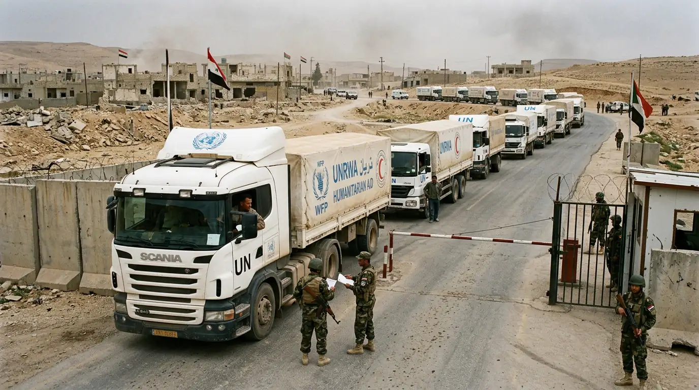 Convoi de camions d'aide humanitaire bloqué à un poste de contrôle dans une zone de conflit.