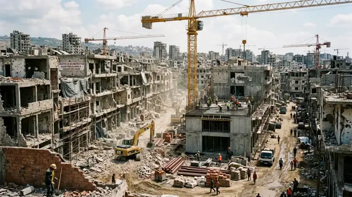 Quartier urbain en ruines en cours de reconstruction après un conflit armé prolongé, avec grues et chantiers.