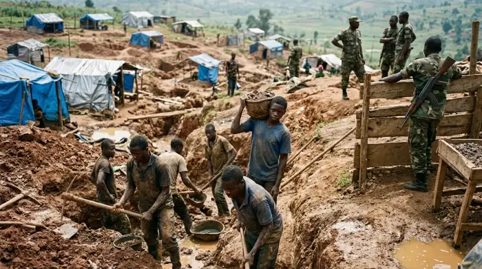Mine artisanale de coltan dans une zone de conflit, symbole de l'exploitation des ressources pour financer la guerre.
