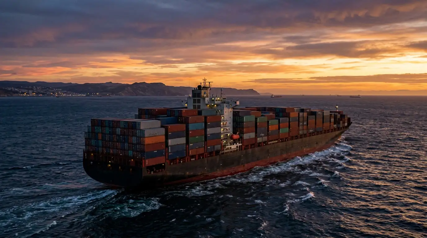 Porte-conteneurs chargé de marchandises naviguant sur une route maritime internationale au crépuscule.