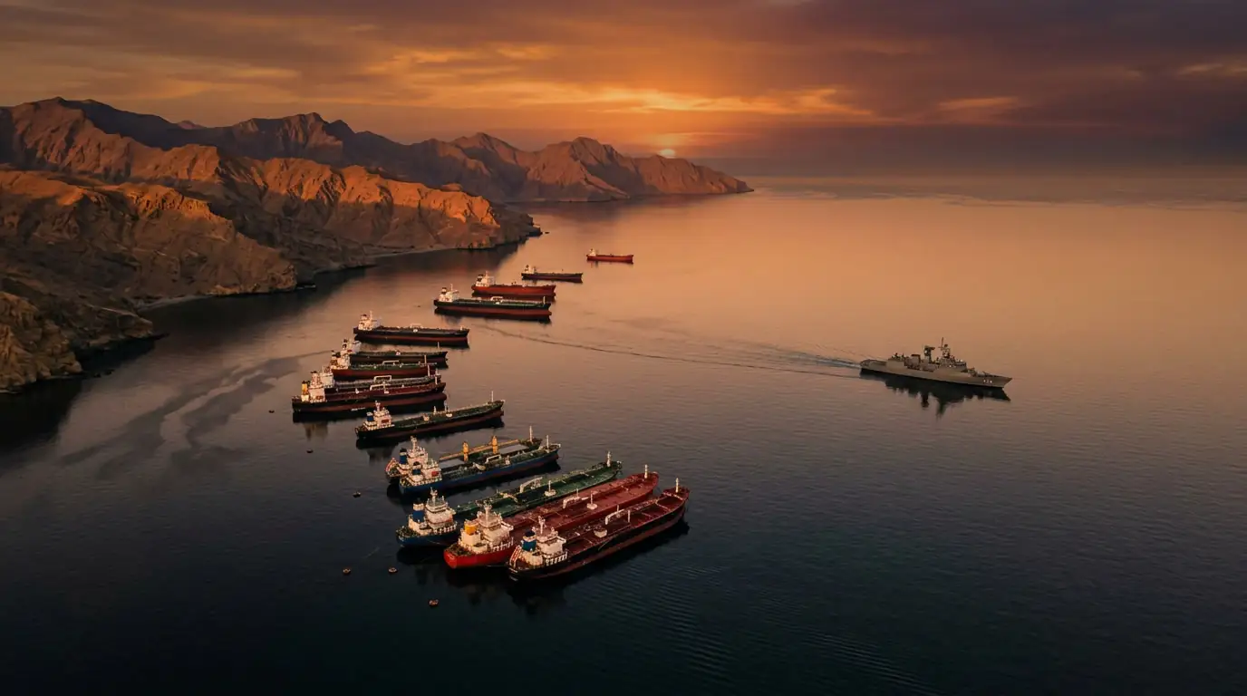 Vue aérienne au crépuscule du détroit d'Ormuz : des pétroliers à l'ancre regroupés près d'une côte aride, un navire de guerre gris en patrouille sur une mer d'huile, lumière rasante orangée sur l'eau.