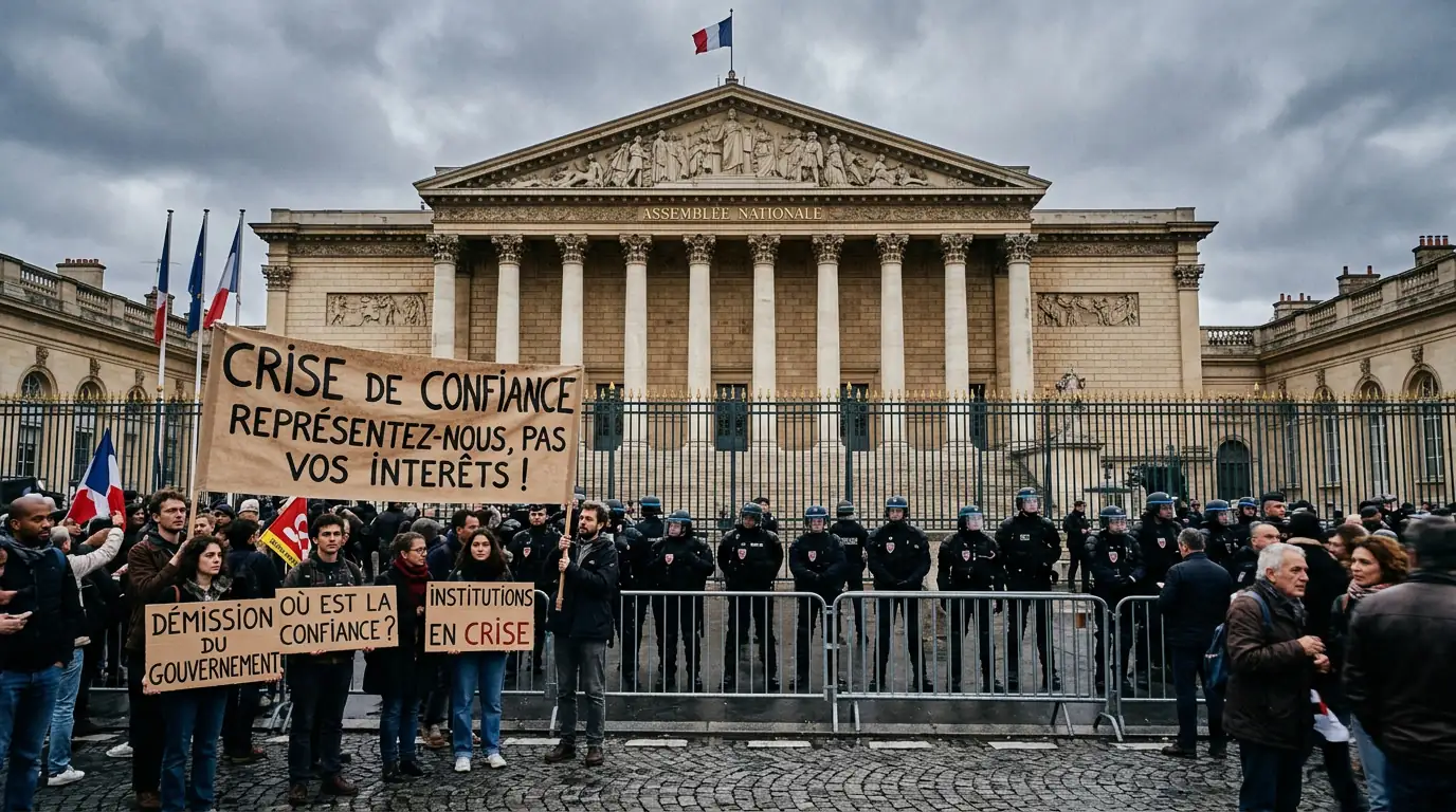 Façade de l'Assemblée nationale française, symbole de la crise de confiance envers les institutions politiques.