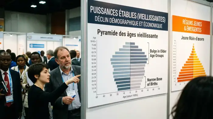 Pyramide des âges vieillissante symbolisant le déclin démographique des puissances établies face aux régions jeunes.