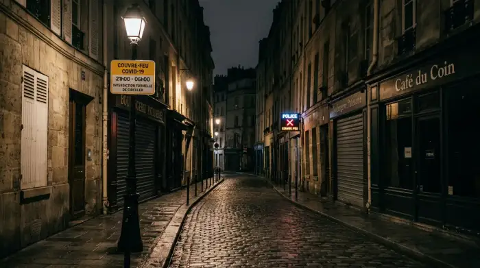 Rue déserte sous couvre-feu, symbole des restrictions de libertés en période de pandémie.