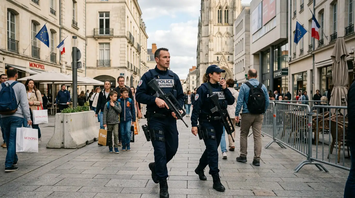 Patrouille de sécurité dans un espace public européen fréquenté, illustrant les mesures antiterroristes.