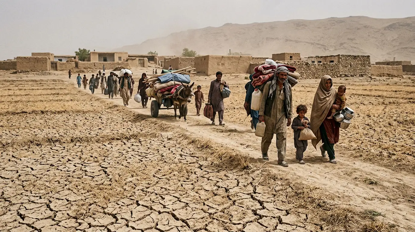 Terres agricoles craquelées par la sécheresse au bord d'un village, illustrant les déplacements liés au climat.