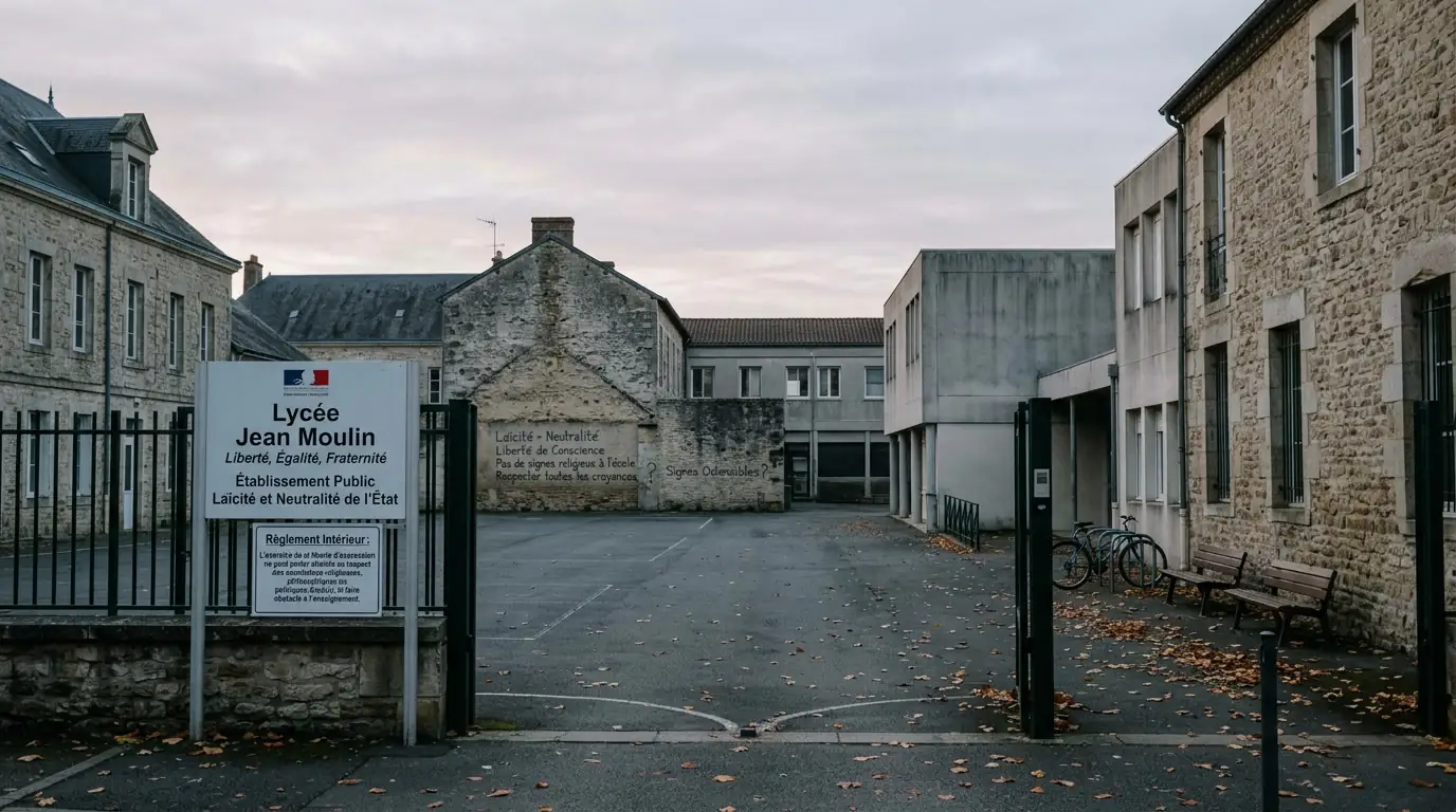 Cour d'école déserte au petit matin, lieu où se cristallisent les débats sur laïcité et signes religieux.