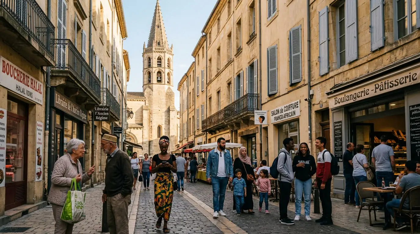 Vue d'une rue française mêlant patrimoine chrétien et présence d'une population diverse.