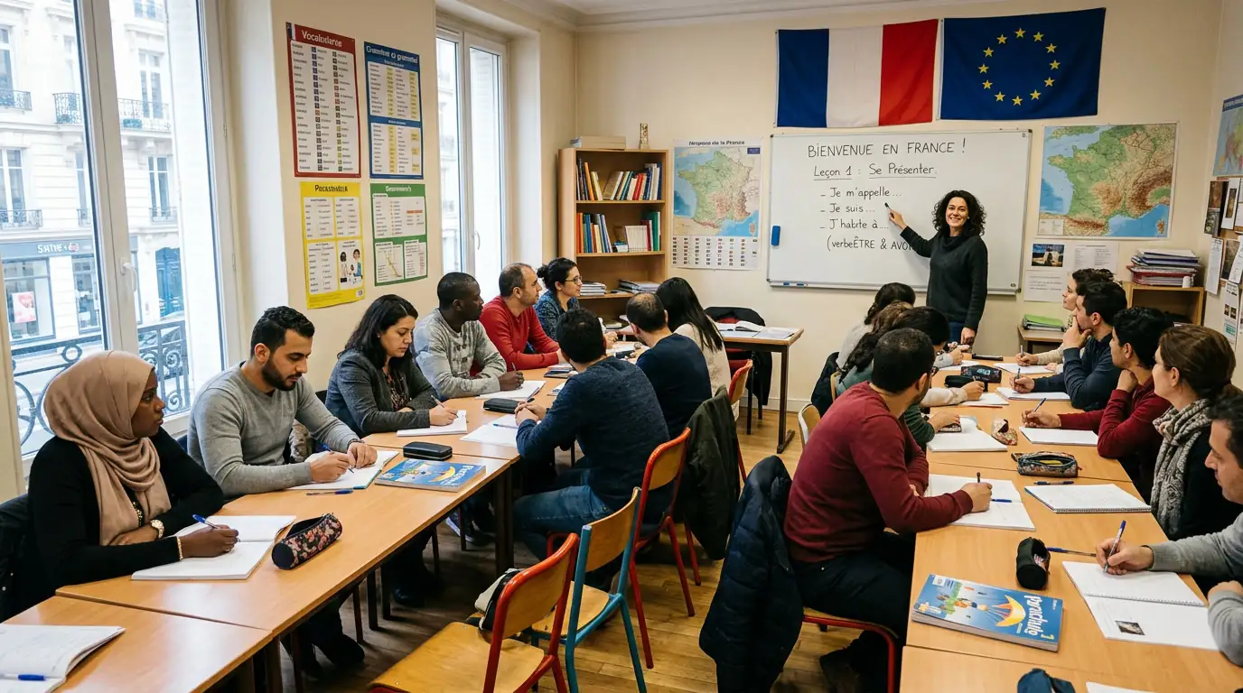 Salle de cours pour adultes nouvellement arrivés, drapeaux et apprentissage de la langue du pays d'accueil.