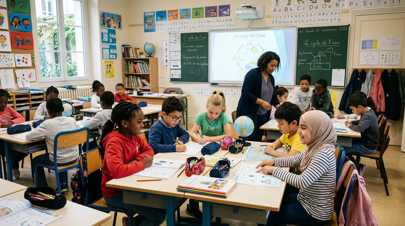 Salle de classe d'une école publique avec des élèves d'origines diverses.