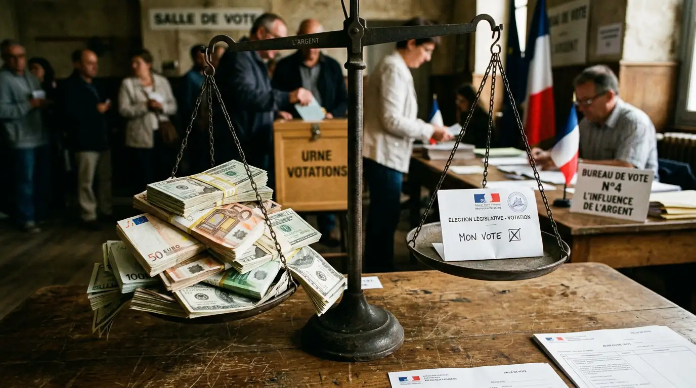 Balance déséquilibrée entre une pile de billets et un bulletin de vote, symbolisant l'influence de l'argent en politique.