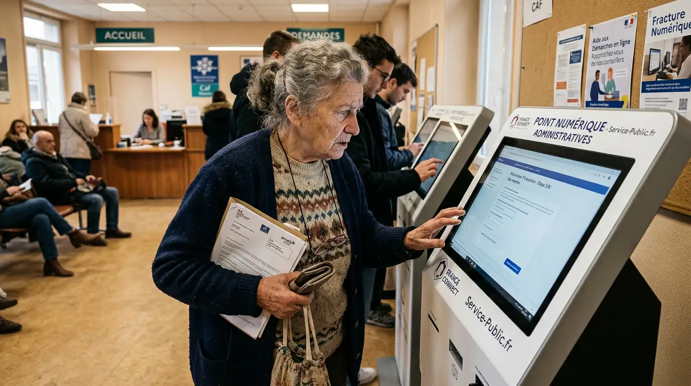 Personne âgée face à un guichet administratif numérique, illustrant la fracture numérique en France.