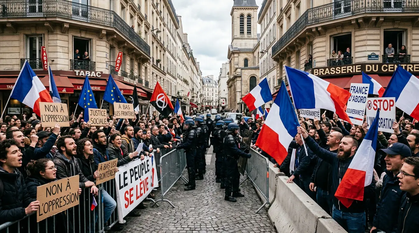 Foule divisée en deux groupes opposés se faisant face dans une rue de ville européenne.