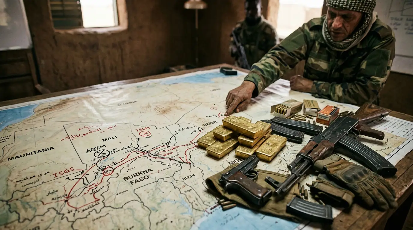 Lingots d'or et armes posés sur une carte du Sahel, symbolisant la convergence entre trafic et terrorisme.