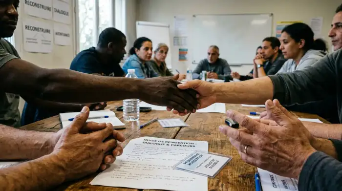Mains tendues lors d'un atelier de dialogue, illustrant un programme de déradicalisation et de réinsertion.