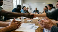 Mains tendues lors d'un atelier de dialogue, illustrant un programme de déradicalisation et de réinsertion.