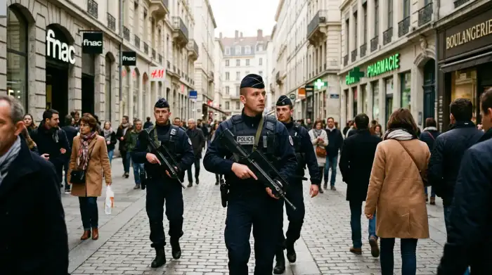 Patrouille de sécurité dans une rue commerçante européenne, vigilance antiterroriste.
