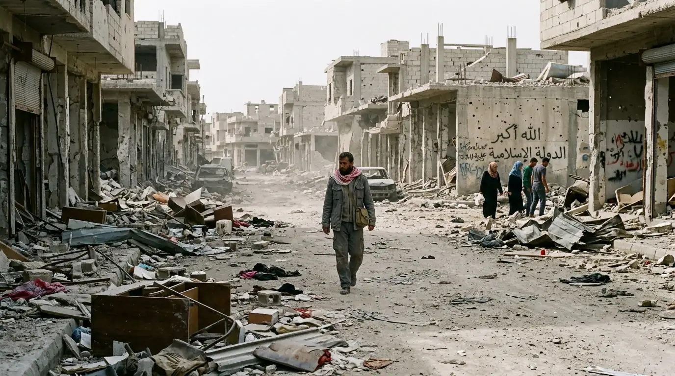 Ruines d'une ville détruite par les combats, évoquant l'ancien territoire de l'État islamique.