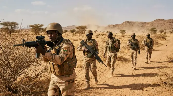 Patrouille militaire dans une zone sahélienne menacée par les groupes jihadistes armés.