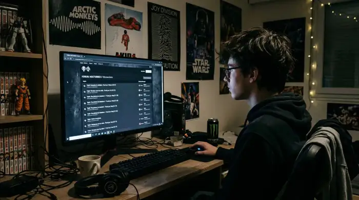 Écran d'ordinateur affichant un forum en ligne sombre dans une chambre d'adolescent.