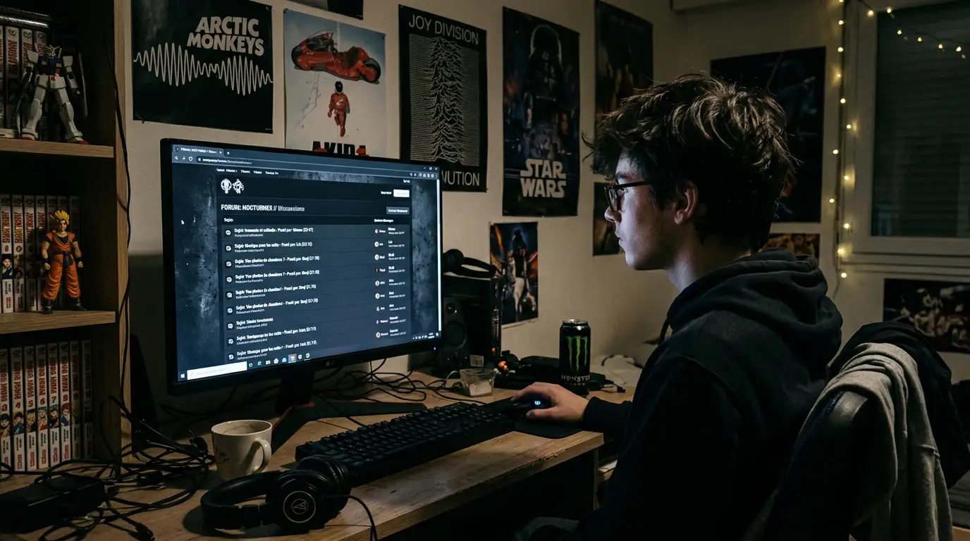 Écran d'ordinateur affichant un forum en ligne sombre dans une chambre d'adolescent.