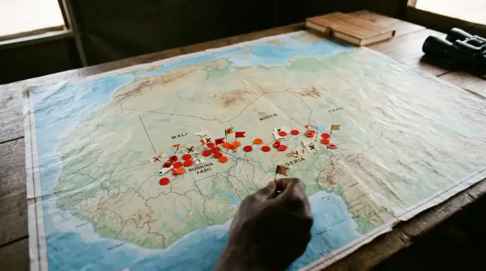 Carte du Sahel avec marqueurs signalant des zones de conflit et d'insécurité.