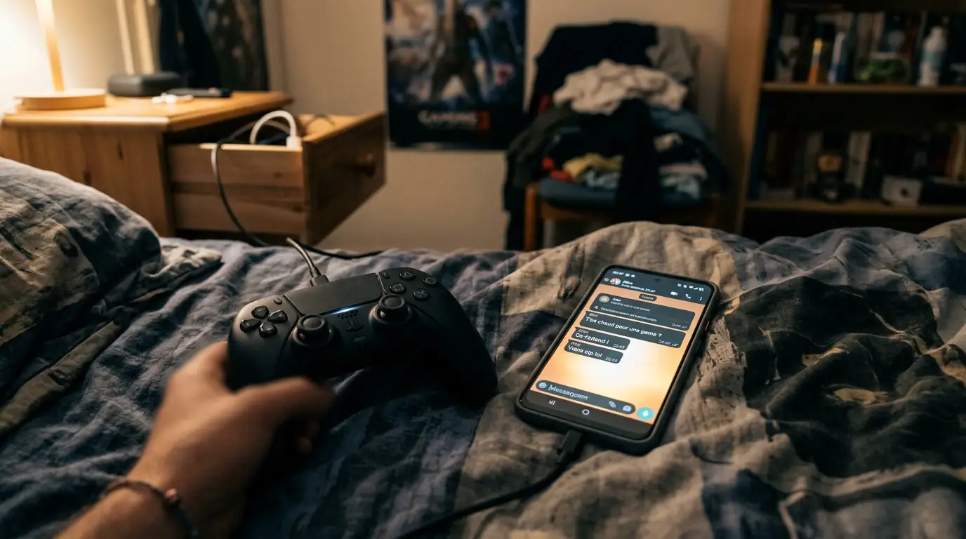 Manette de jeu vidéo et smartphone affichant des messages dans une chambre faiblement éclairée.