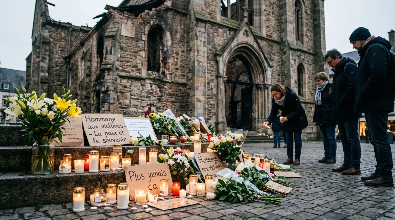 Bougies et fleurs devant un lieu de culte endommagé, hommage aux victimes de violences religieuses.