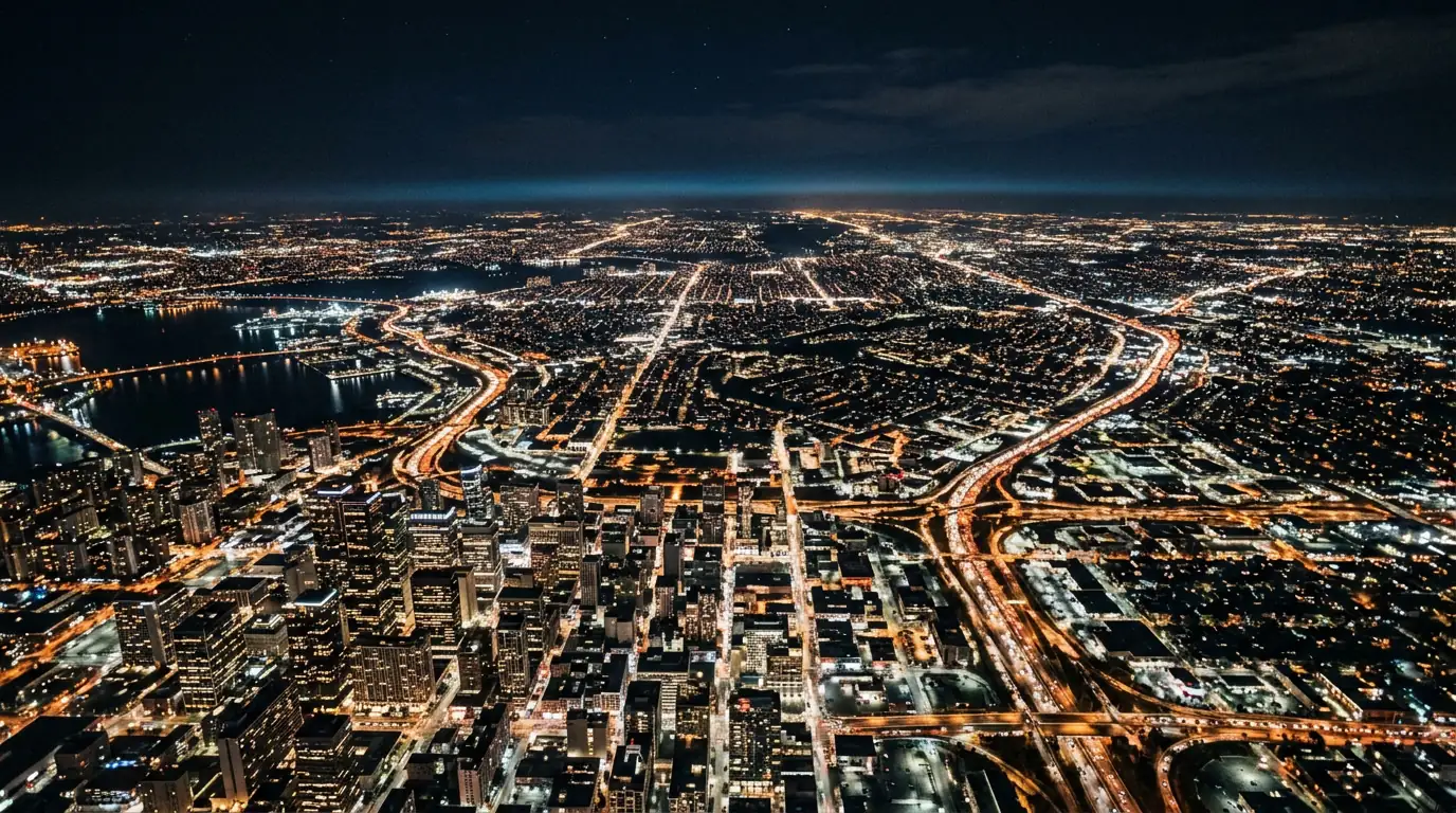 Vue aérienne nocturne d'une mégapole tentaculaire aux lumières s'étendant à l'horizon.