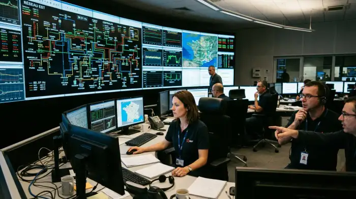 Salle de contrôle d'un réseau électrique avec écrans de surveillance et opérateurs.