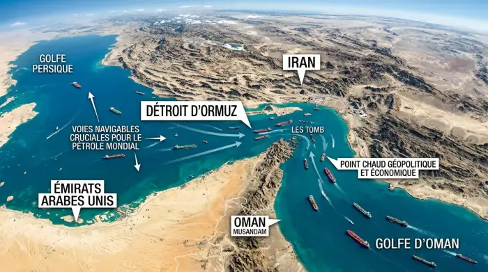 Détroit d'Ormuz vu du ciel, passage stratégique au cœur du risque iranien pour l'économie mondiale.