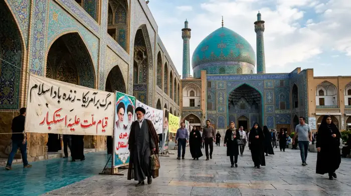 Architecture persane ancienne et coupole turquoise illustrant l'histoire politique de l'Iran.