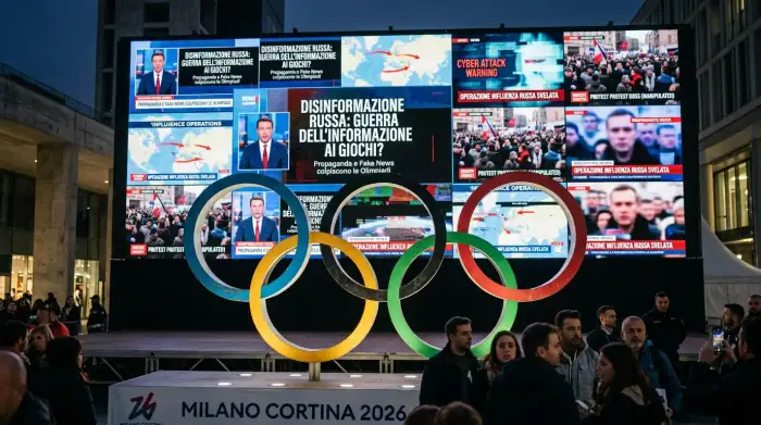 Anneaux olympiques de Milan-Cortina 2026 sur fond d'écrans diffusant de fausses vidéos d'information, symbole de la guerre informationnelle russe.