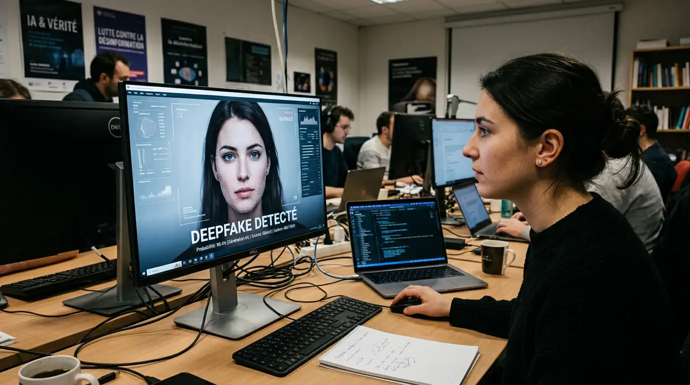 Écran affichant un visage généré par intelligence artificielle, symbole des deepfakes.