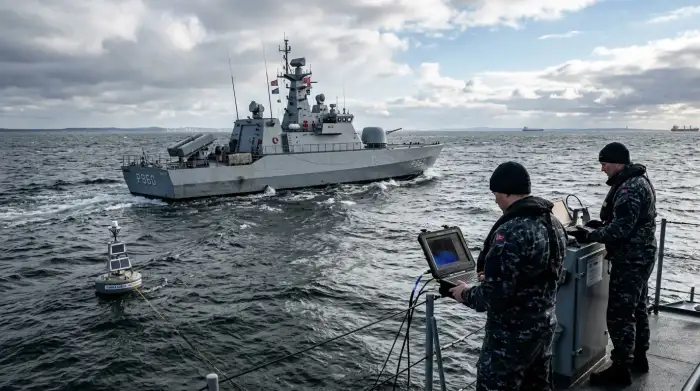 Navire de patrouille de l'OTAN surveillant des câbles sous-marins en mer Baltique.
